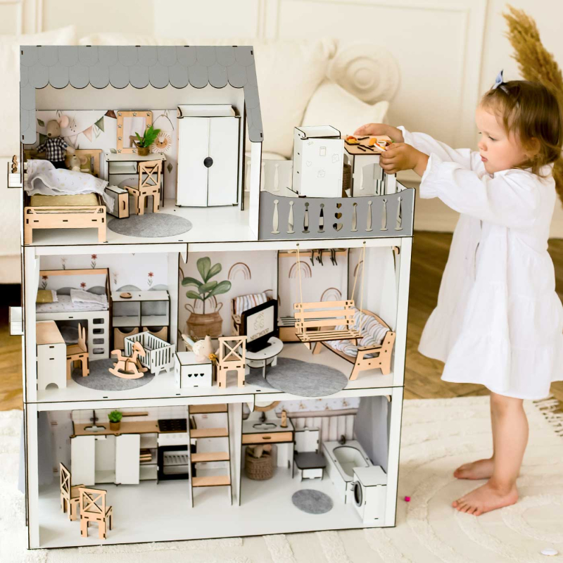 "ЛЮКС ЛАЙТ ЕКО" ляльковий будиночок з освітленням NestWood для Барбі + Меблі 32 од та текстиль